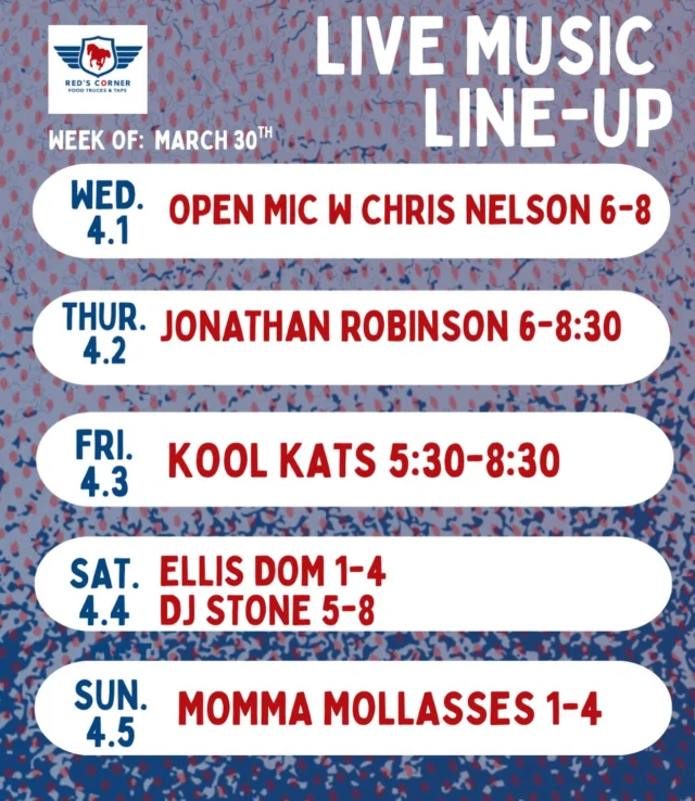 🎶 Here’s your tuned in forecast for live music for the week! We’re starting things off with Open Mic hosted by Chris Nelson tomorrow!