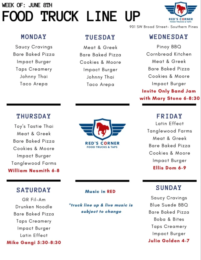 🗓️ All lined up for a new week ahead at Red’s!