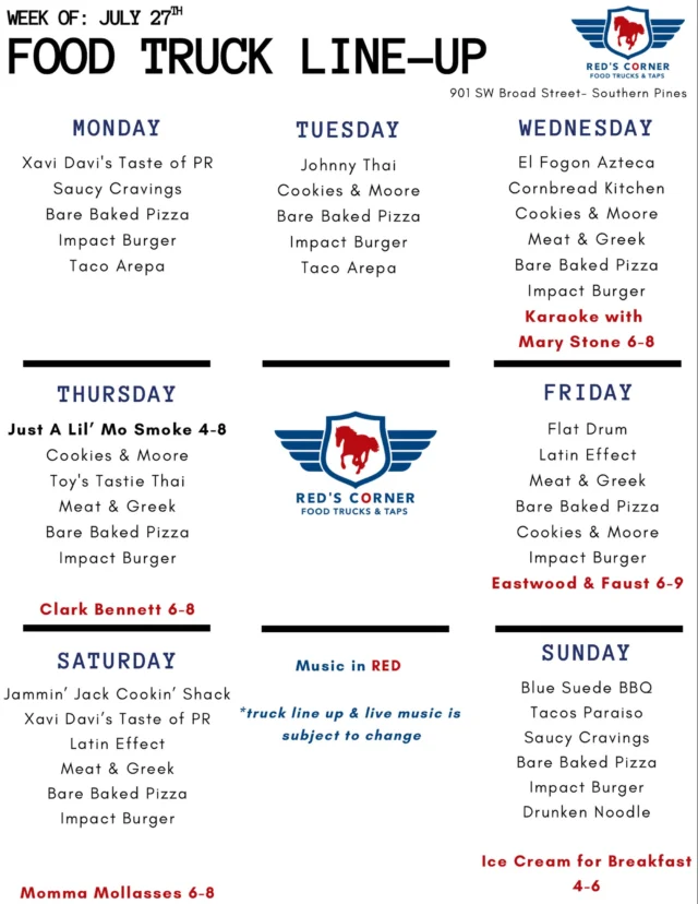 🗓️ Here’s a look at the week ahead at Red’s! We can’t wait to share it with you!