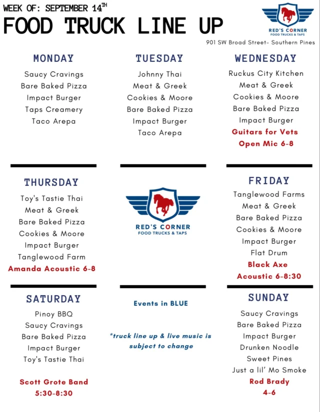 🗓️ It’s a new week ahead at Red’s! We can’t wait to share moments with you!